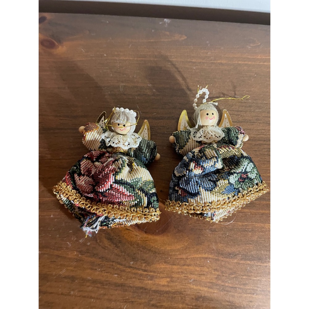 Vintage Wooden Angel Christmas Ornaments Set of 2 Tapestry Dress Gold Wings 3.5"